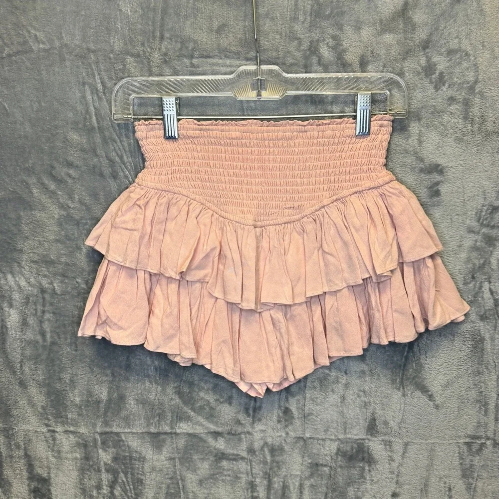 2127 | Boho Festival Coquette Pink Ruffle Tiered Smocked Skort Shorts Women XXS